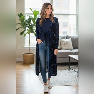 VENUS Velvet Burn-out Midnight Blue Long Sleeve Tie-Front Duster Size M